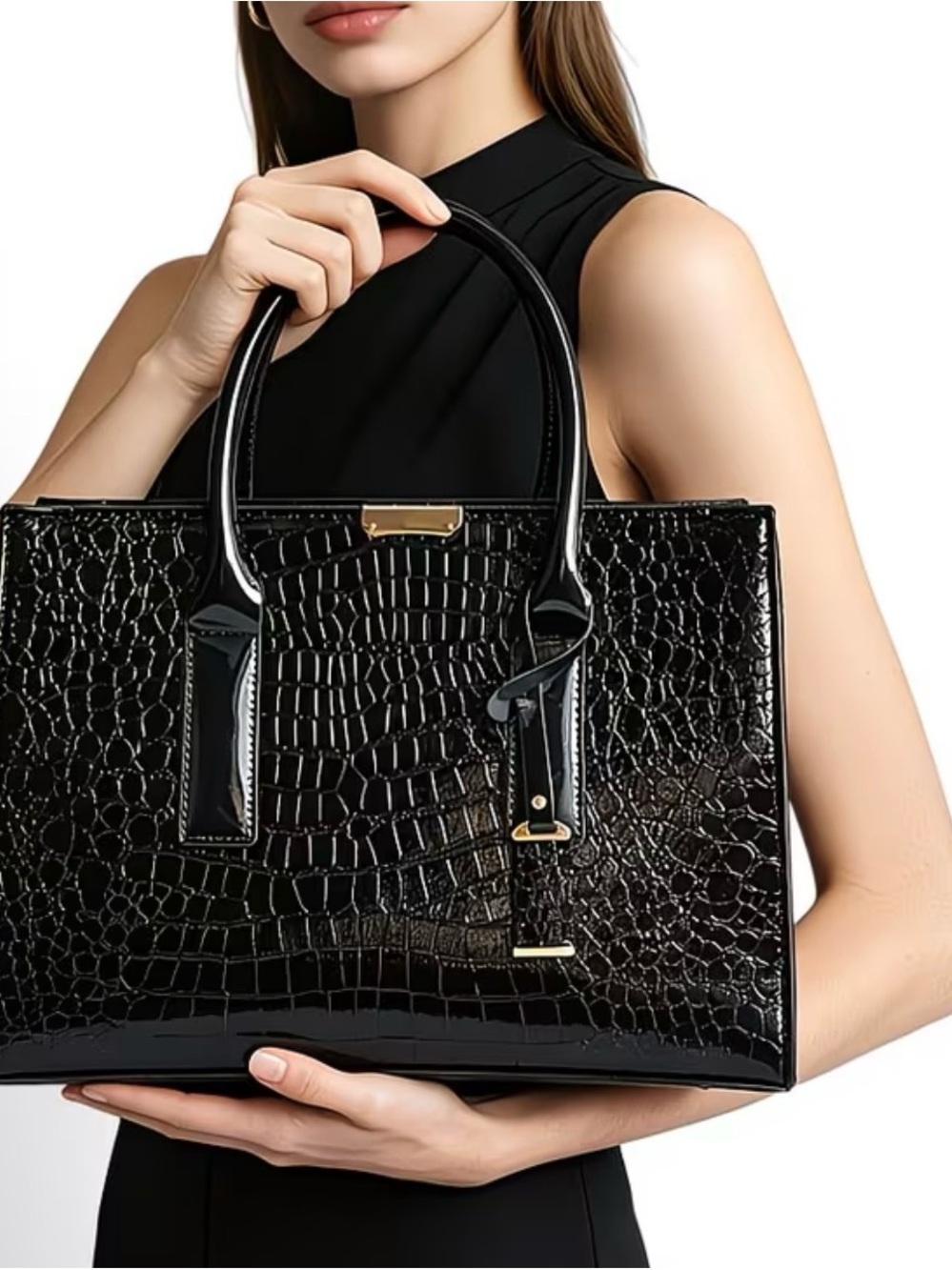 Glossy Black Croc-Embossed Patent Tote - Structured Women's Handbag